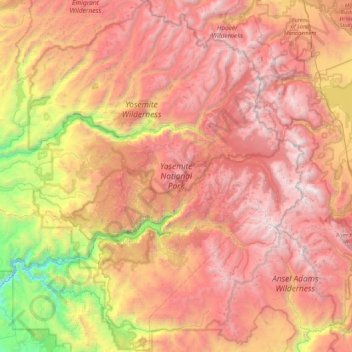 Yosemite National Park topographic map, elevation, terrain