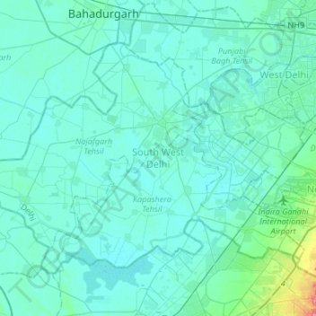 South West Delhi District topographic map, elevation, terrain
