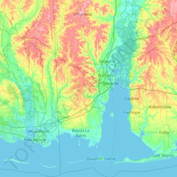 Mobile County topographic map, elevation, terrain