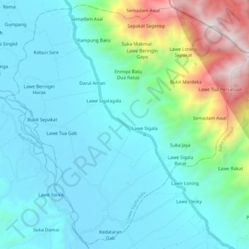 Lawe Sigala-Gala topographic map, elevation, terrain