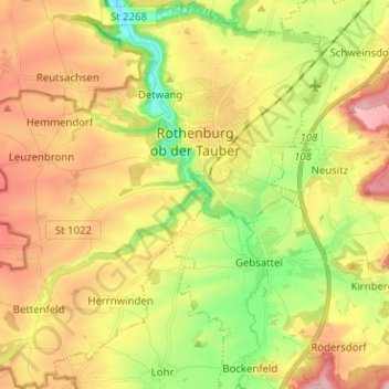Rothenburg ob der Tauber topographic map, elevation, terrain