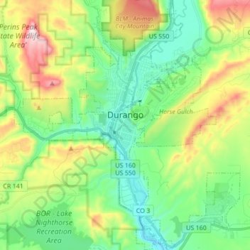 Durango topographic map, elevation, terrain