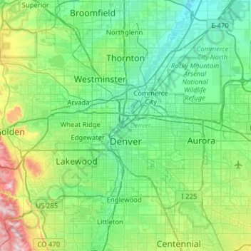 Denver topographic map, elevation, terrain