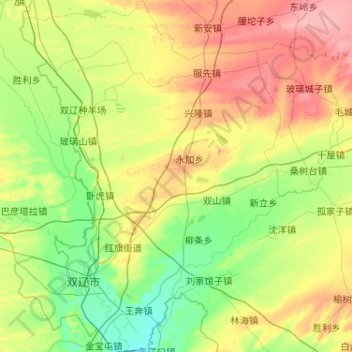 双辽市 topographic map, elevation, terrain