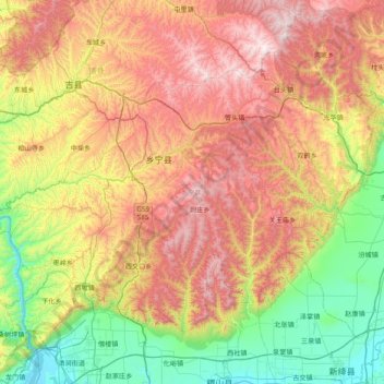 Xiangning County topographic map, elevation, terrain