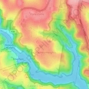 Killarney Heights topographic map, elevation, terrain