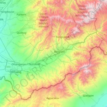 Ohangaron Tumani topographic map, elevation, terrain