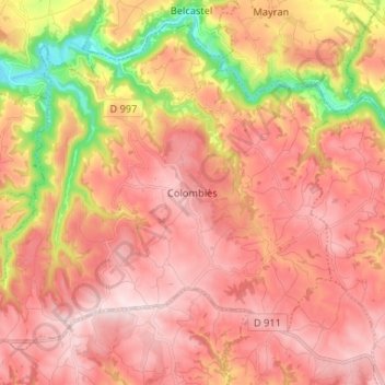 Colombiès topographic map, elevation, terrain