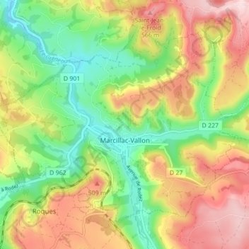 Marcillac-Vallon topographic map, elevation, terrain