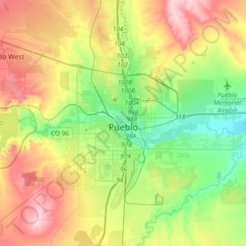 Pueblo topographic map, elevation, terrain