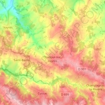 Oradour-sur-Vayres topographic map, elevation, terrain