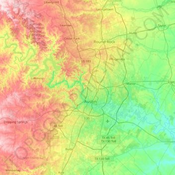 Travis County topographic map, elevation, terrain