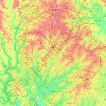 Charlotte topographic map, elevation, terrain