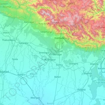 Udham Singh Nagar District topographic map, elevation, terrain