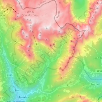 Tonadico topographic map, elevation, terrain