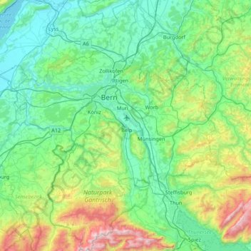 Bern-Mittelland administrative district topographic map, elevation, terrain