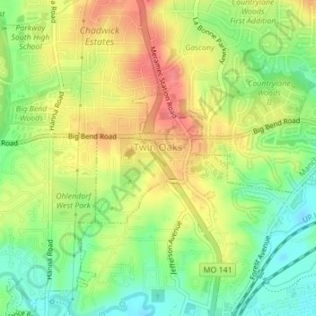 Twin Oaks topographic map, elevation, terrain