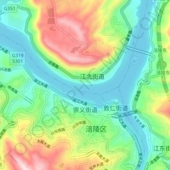 Chongyi Subdistrict topographic map, elevation, terrain