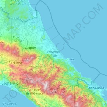 Limón Province topographic map, elevation, terrain