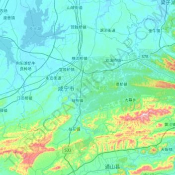咸安区 topographic map, elevation, terrain