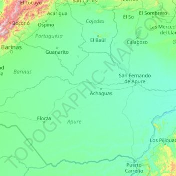 Río Apure topographic map, elevation, terrain