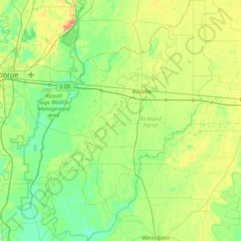 Richland Parish topographic map, elevation, terrain
