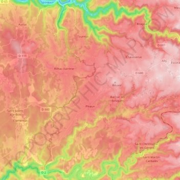 Pleaux topographic map, elevation, terrain