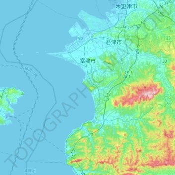 Futtsu topographic map, elevation, terrain