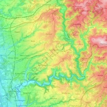 Solingen topographic map, elevation, terrain