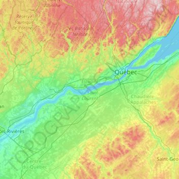 Fleuve Saint-Laurent, Estuaire fluvial topographic map, elevation, terrain