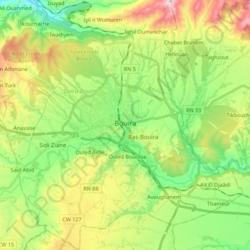 Bouira topographic map, elevation, terrain