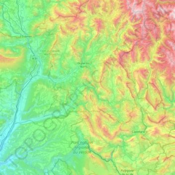 Provence-Alpes-Côte d'Azur topographic map, elevation, terrain