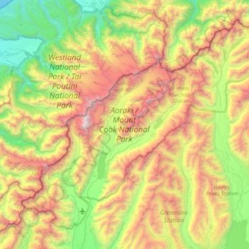 Mount Cook National Park topographic map, elevation, terrain