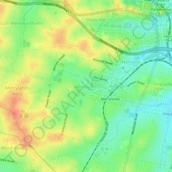 Merrylands topographic map, elevation, terrain