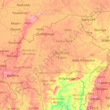 Burkina Faso topographic map, elevation, terrain