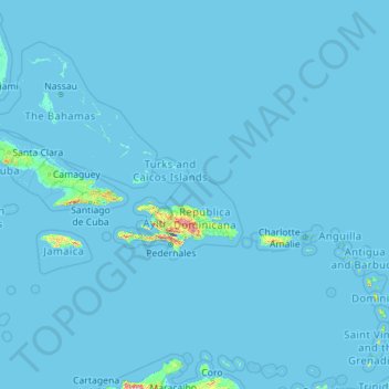 Greater Antilles topographic map, elevation, terrain