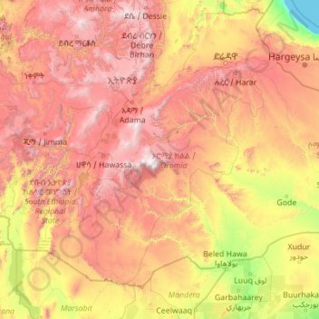 Oromia Region topographic map, elevation, terrain