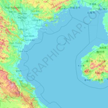 Gulf of Tonkin topographic map, elevation, terrain