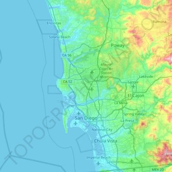 San Diego topographic map, elevation, terrain