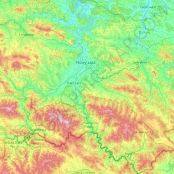Nowy Sącz County topographic map, elevation, terrain