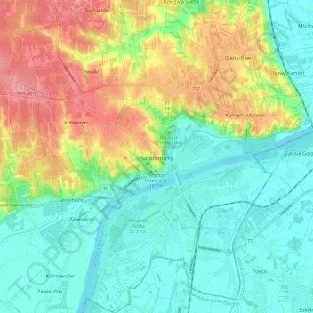 Sandomierz topographic map, elevation, terrain