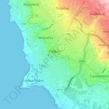 Paphos topographic map, elevation, terrain