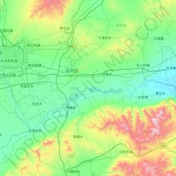 云州区 topographic map, elevation, terrain