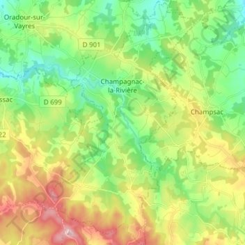 Champagnac-la-Rivière topographic map, elevation, terrain