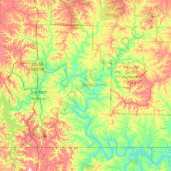 Taney County topographic map, elevation, terrain