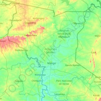 Savanes Region topographic map, elevation, terrain
