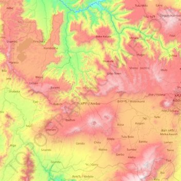 West Shewa topographic map, elevation, terrain
