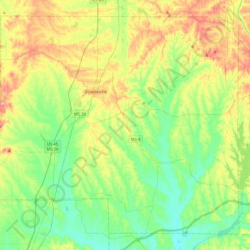 Prentiss County topographic map, elevation, terrain