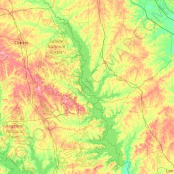 Toledo Bend Reservoir topographic map, elevation, terrain