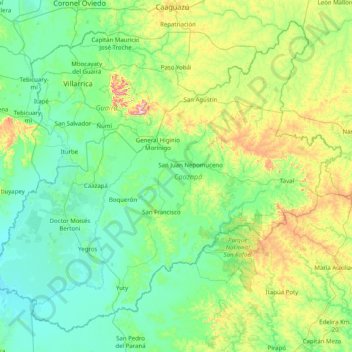 Caazapá topographic map, elevation, terrain